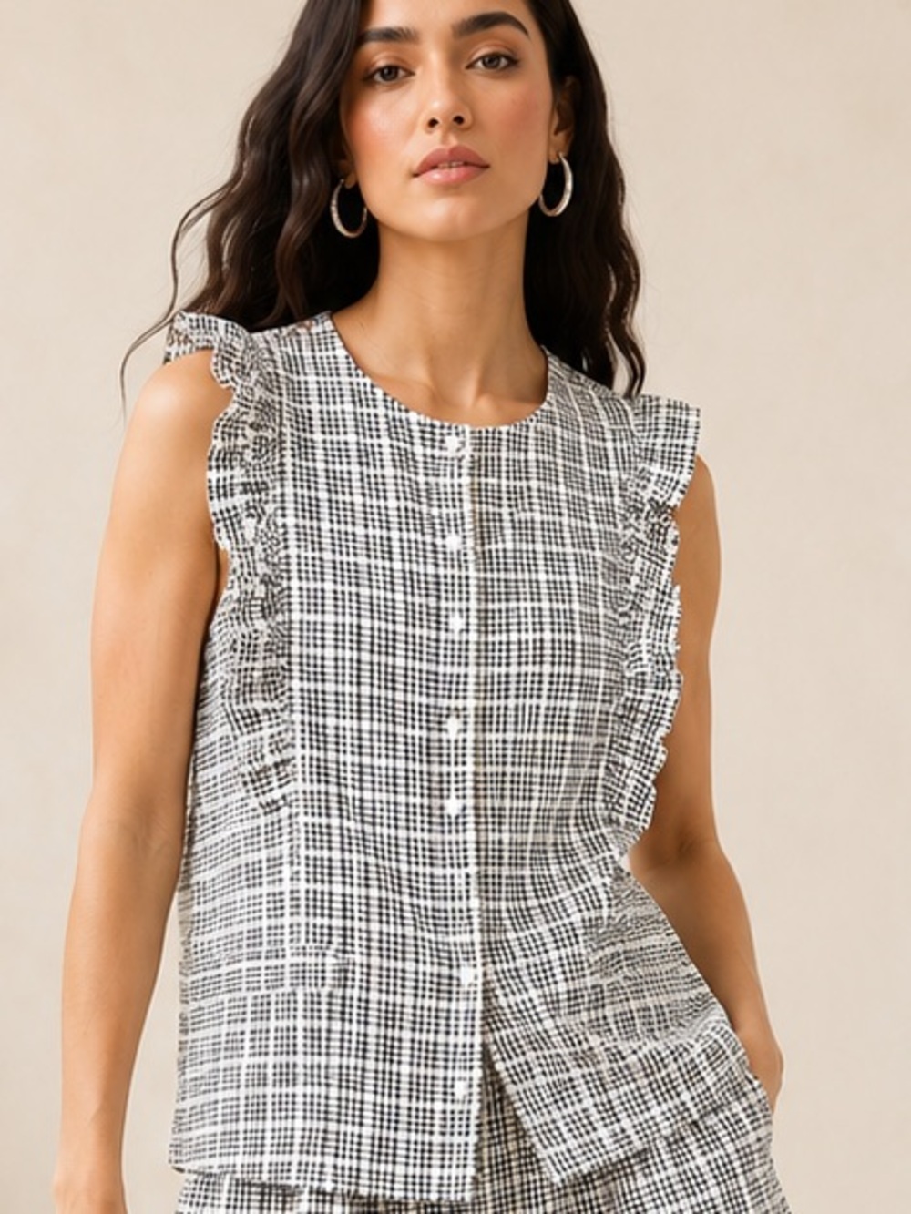 ICHI Jola Checkered Plaid Ruffle Sleeveless Button Front Blouse